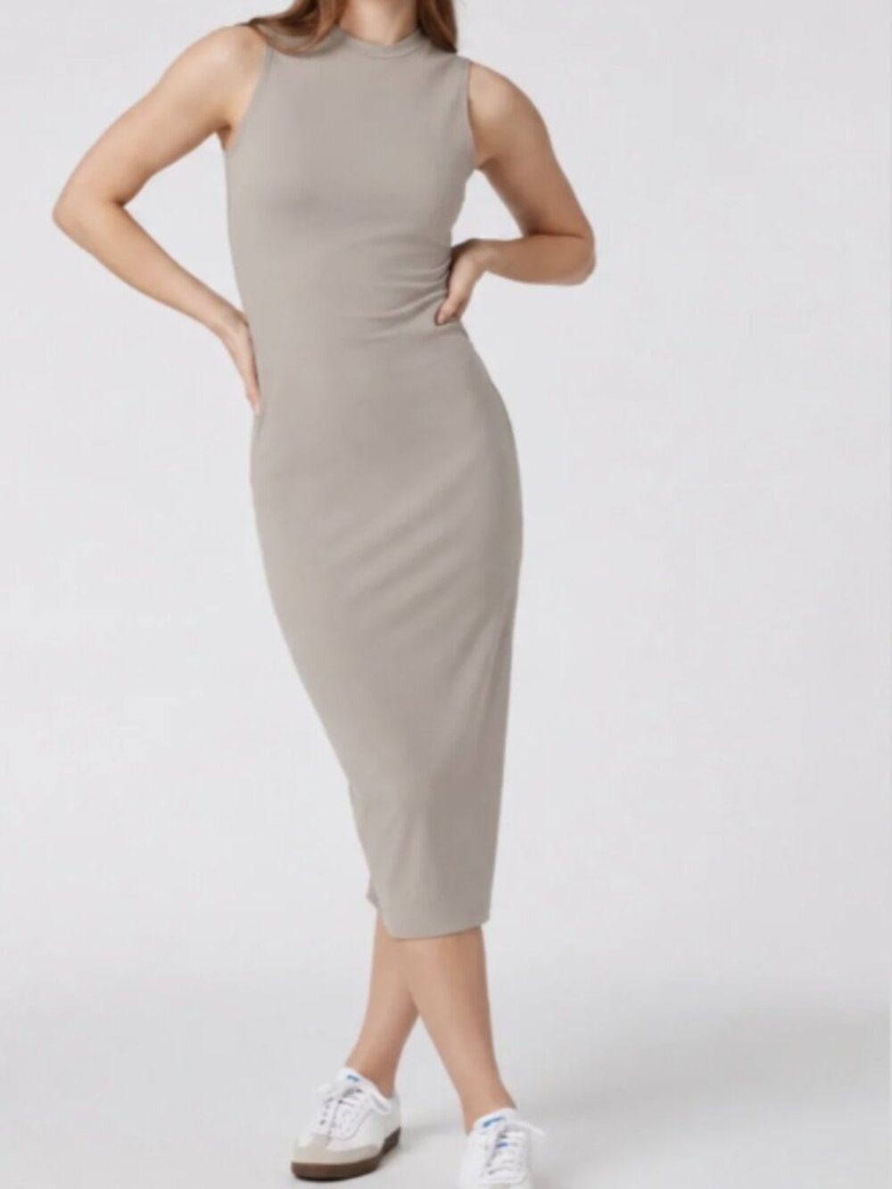 Vuori Pose Sands Sleeveless Ribbed Ruched Side Slit Midi Dress Taupe M